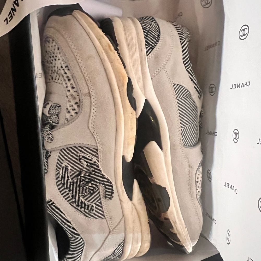 CHANEL Beige and Black Patterned Sneakers